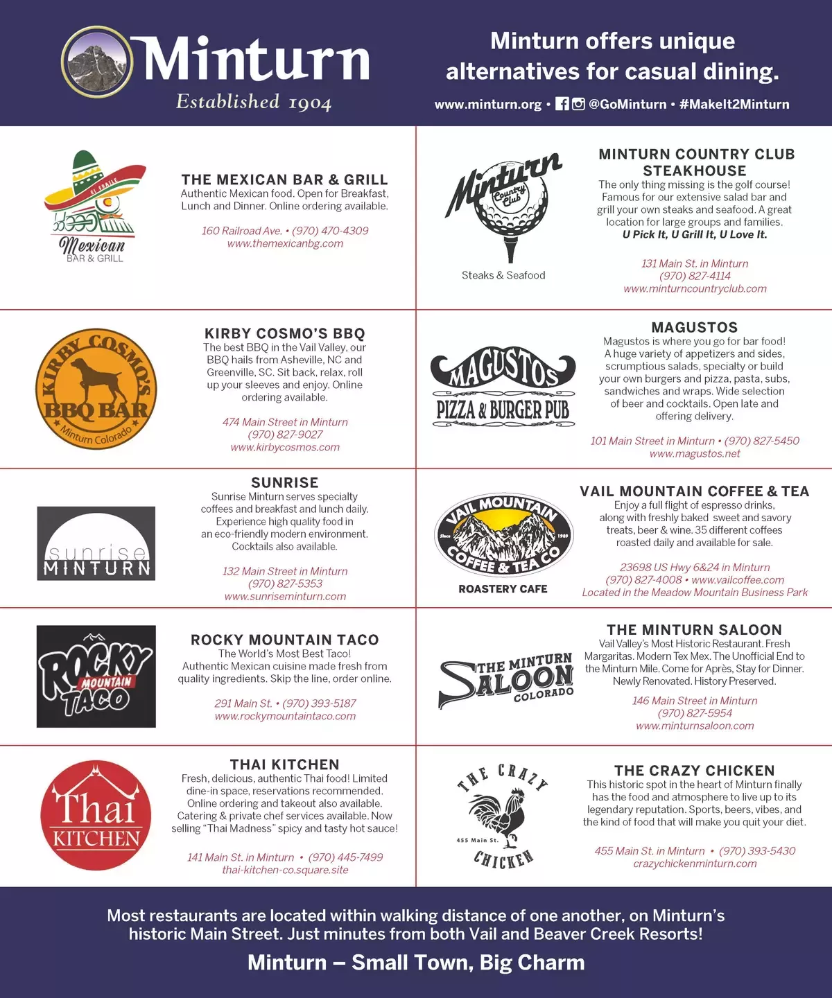 List of Minturn restaurants with descriptions, websites and phone numbers