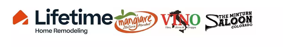 Minturn Market sponsor logos for Lifetime Home Remodeling, Mangaire Italian market & Vino, and the Minturn Saloon