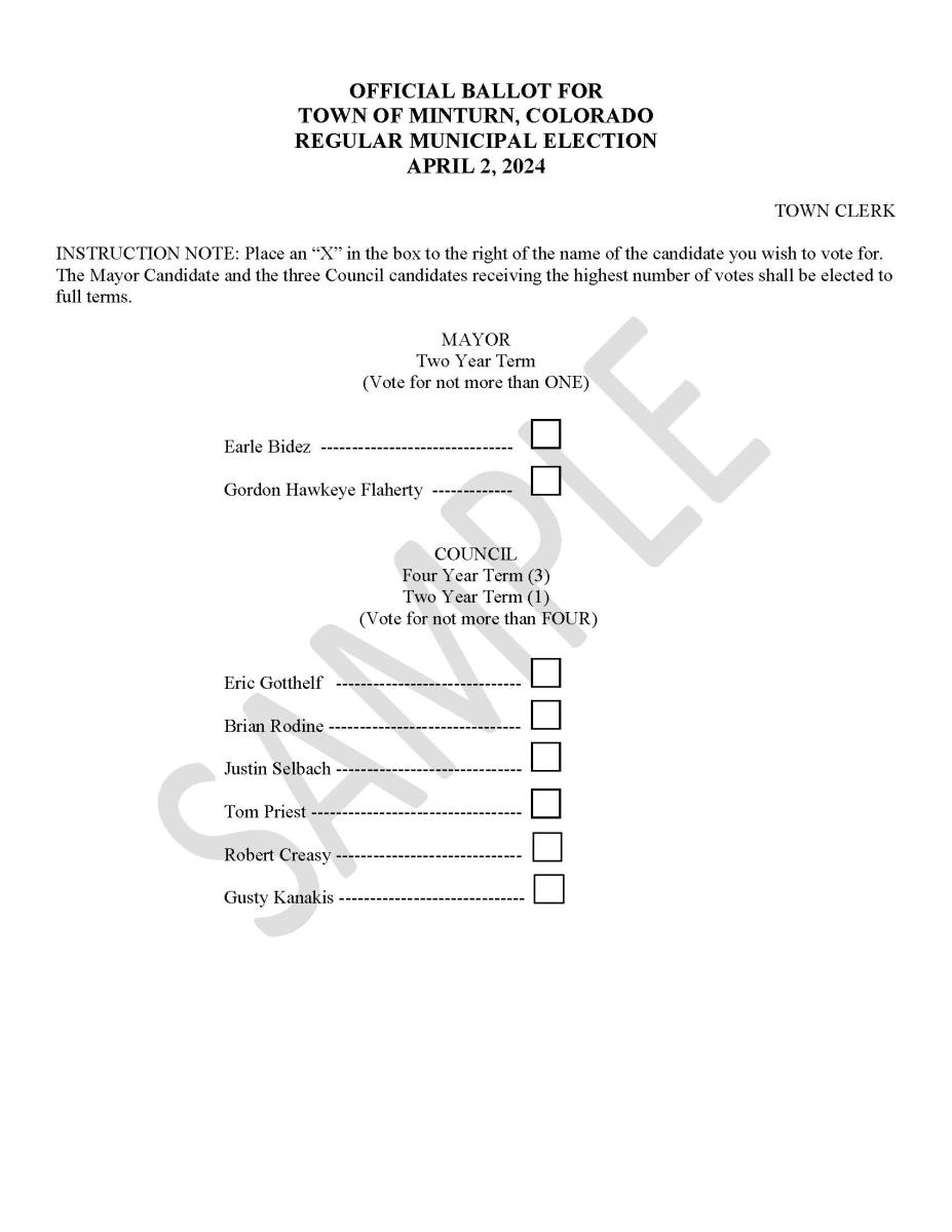 Sample Ballot for Minturn Municipal Election, 4-2-2024